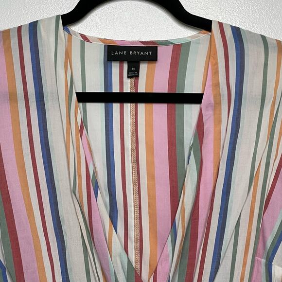 Lane Bryant‎ Faux Wrap Top Peplum Blouse V-Neck Elastic Cuff Stripe Rainbow 16 - Picture 5 of 11